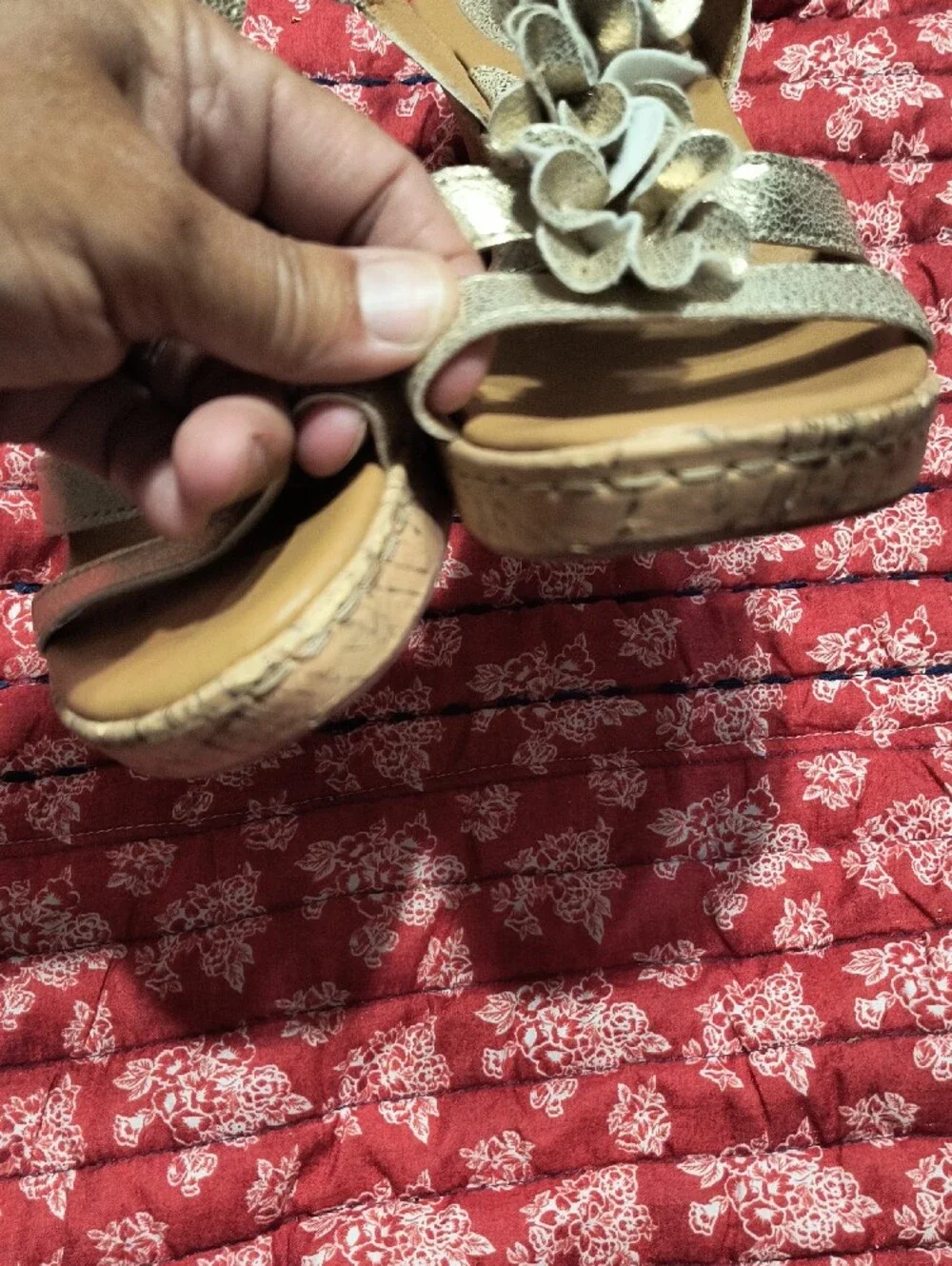 b.o.c. Metallic Gold Floral Cork Wedge Sandals